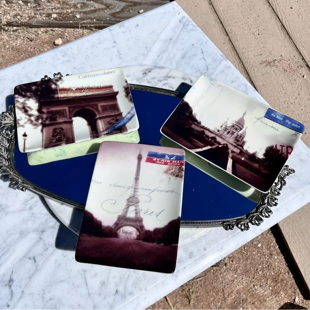 Restoration Hardware Vintage Parisian-themed Postcard Plates Trinket Trays Set 3